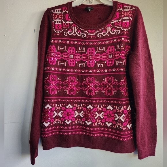 NWOT Talbots Red Chevron Holiday Print Wool Blend Sweater size Medium - Picture 7 of 7